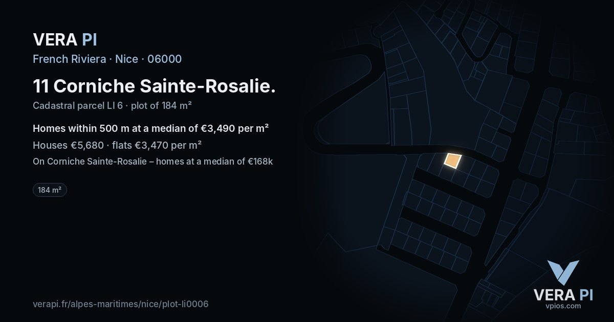 11 Corniche Sainte-Rosalie, Nice at night – the plot lit, the parcels around coloured by the prices near them