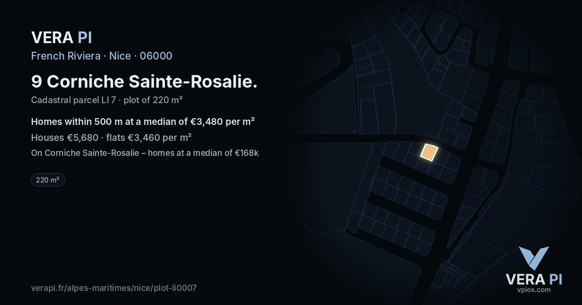 9 Corniche Sainte-Rosalie, Nice at night – the plot lit, the parcels around coloured by the prices near them