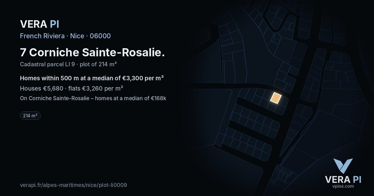 7 Corniche Sainte-Rosalie, Nice at night – the plot lit, the parcels around coloured by the prices near them