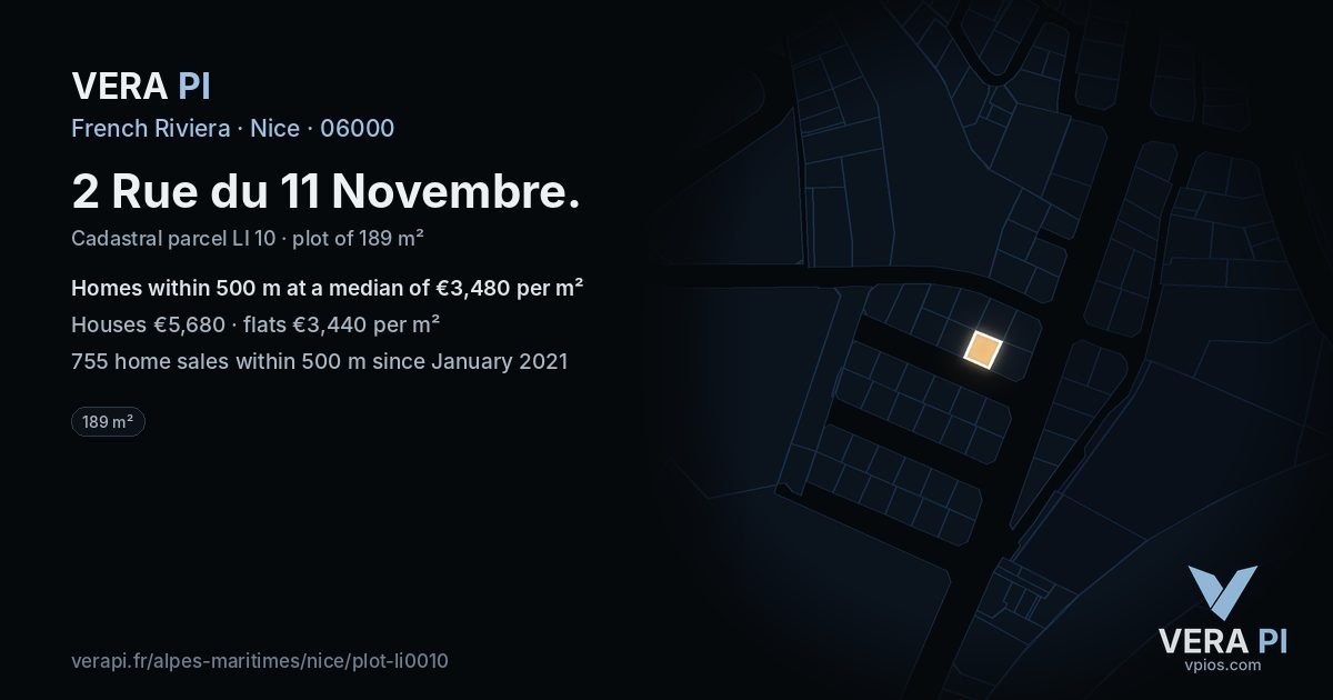 2 Rue du 11 Novembre, Nice at night – the plot lit, the parcels around coloured by the prices near them