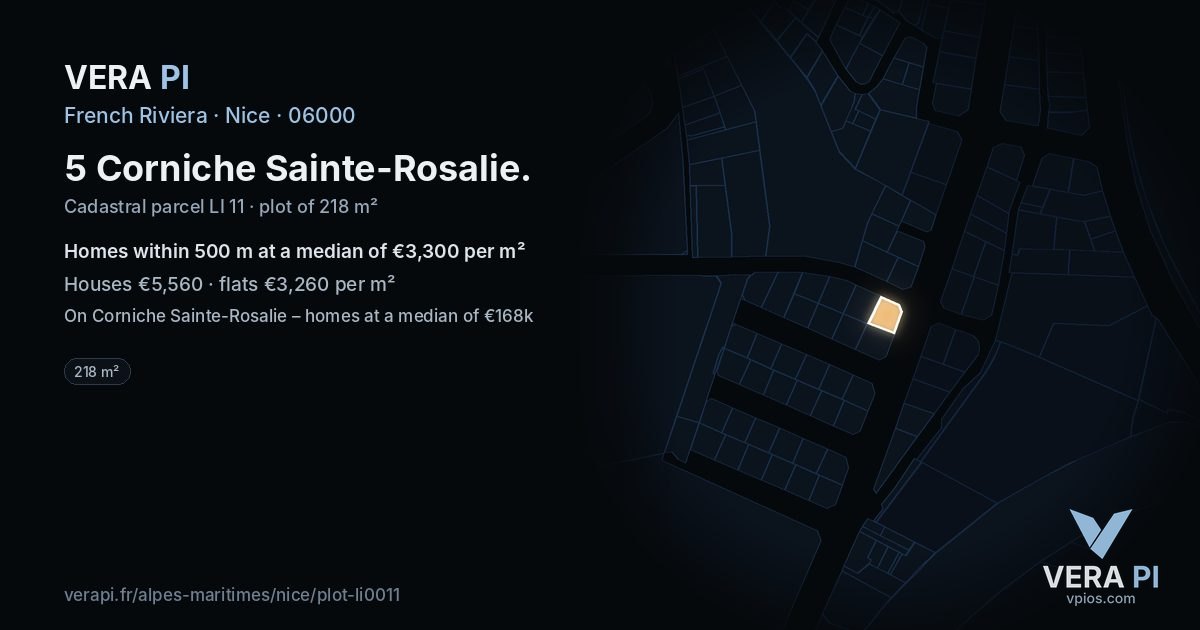 5 Corniche Sainte-Rosalie, Nice at night – the plot lit, the parcels around coloured by the prices near them