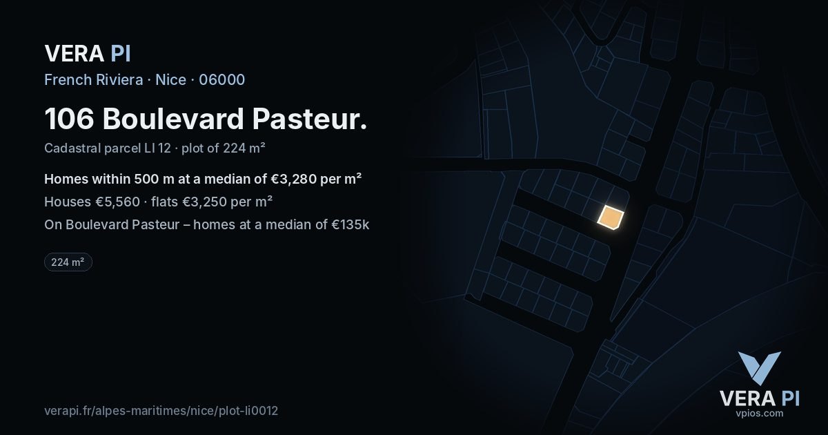 106 Boulevard Pasteur, Nice at night – the plot lit, the parcels around coloured by the prices near them