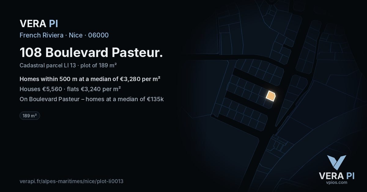 108 Boulevard Pasteur, Nice at night – the plot lit, the parcels around coloured by the prices near them
