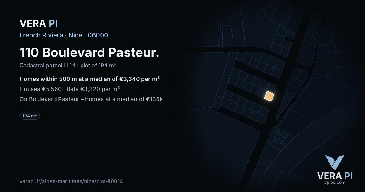 110 Boulevard Pasteur, Nice at night – the plot lit, the parcels around coloured by the prices near them