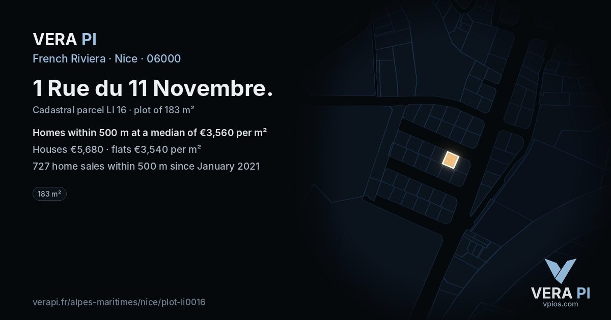 1 Rue du 11 Novembre, Nice at night – the plot lit, the parcels around coloured by the prices near them