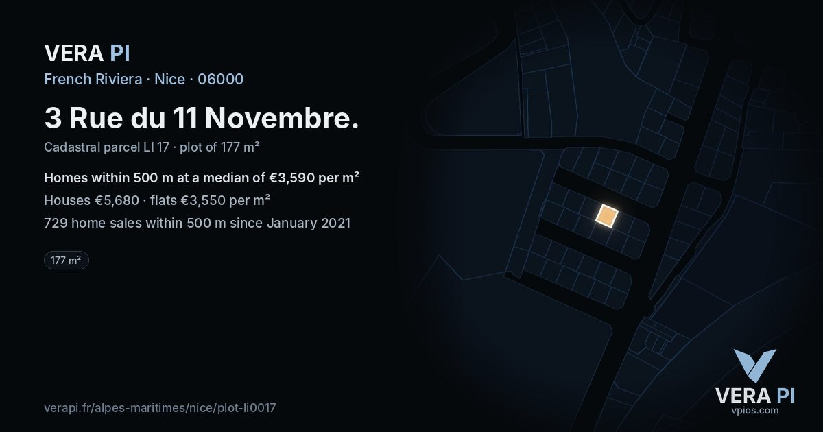 3 Rue du 11 Novembre, Nice at night – the plot lit, the parcels around coloured by the prices near them