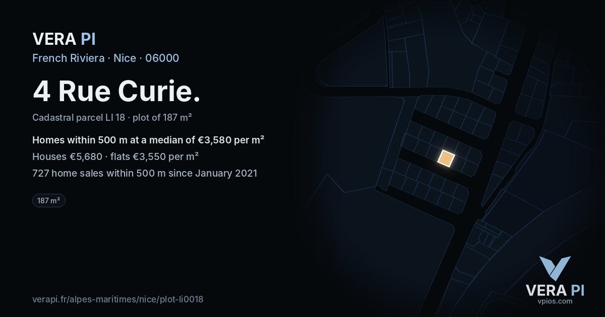 4 Rue Curie, Nice at night – the plot lit, the parcels around coloured by the prices near them