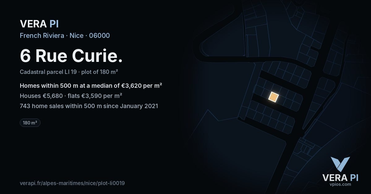 6 Rue Curie, Nice at night – the plot lit, the parcels around coloured by the prices near them