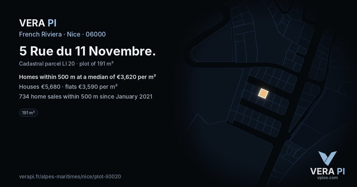 5 Rue du 11 Novembre, Nice at night – the plot lit, the parcels around coloured by the prices near them