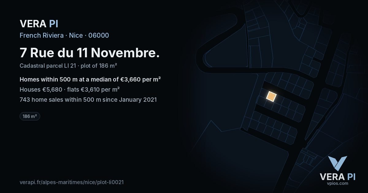 7 Rue du 11 Novembre, Nice at night – the plot lit, the parcels around coloured by the prices near them