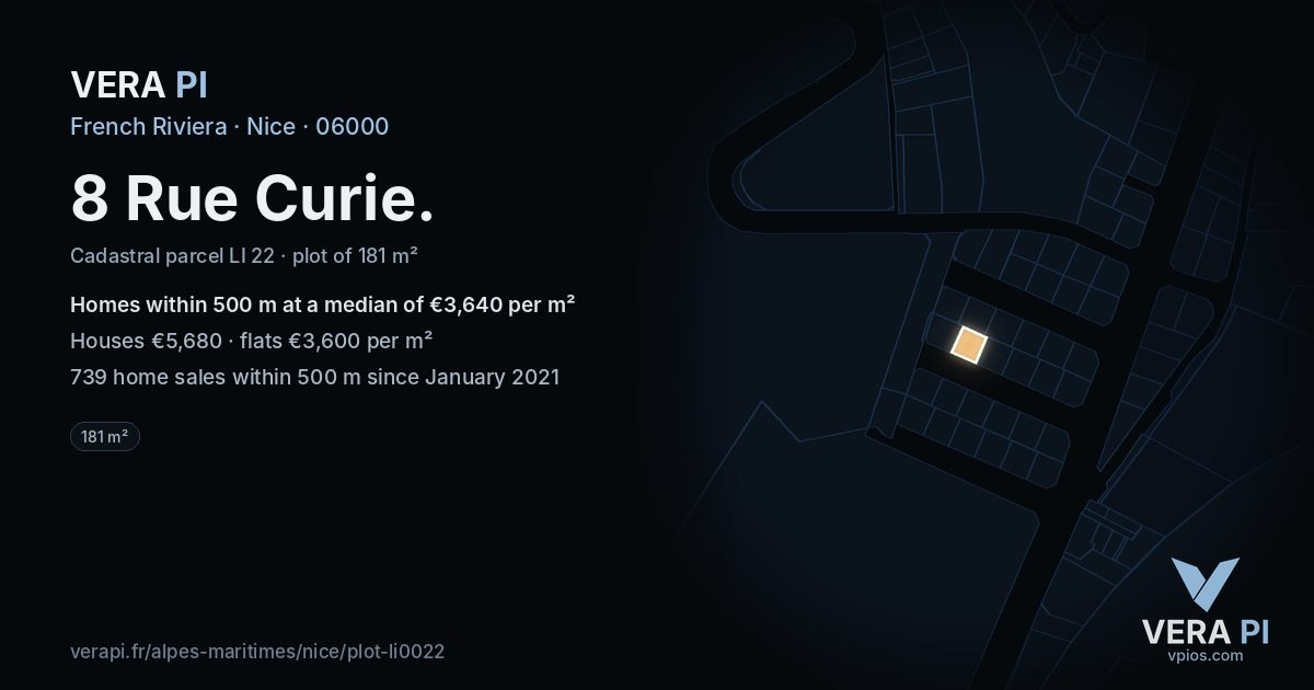 8 Rue Curie, Nice at night – the plot lit, the parcels around coloured by the prices near them