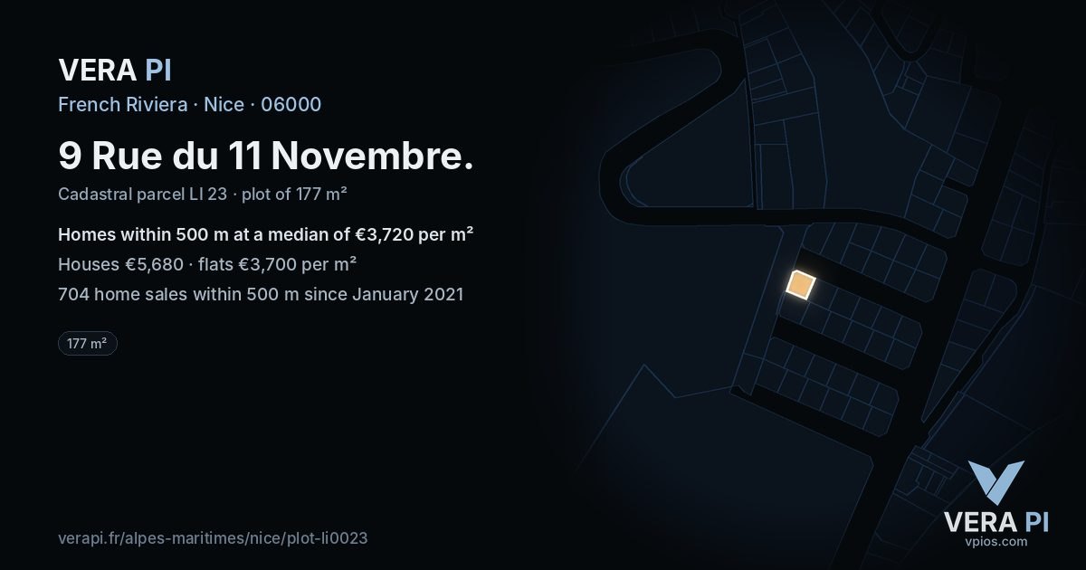 9 Rue du 11 Novembre, Nice at night – the plot lit, the parcels around coloured by the prices near them