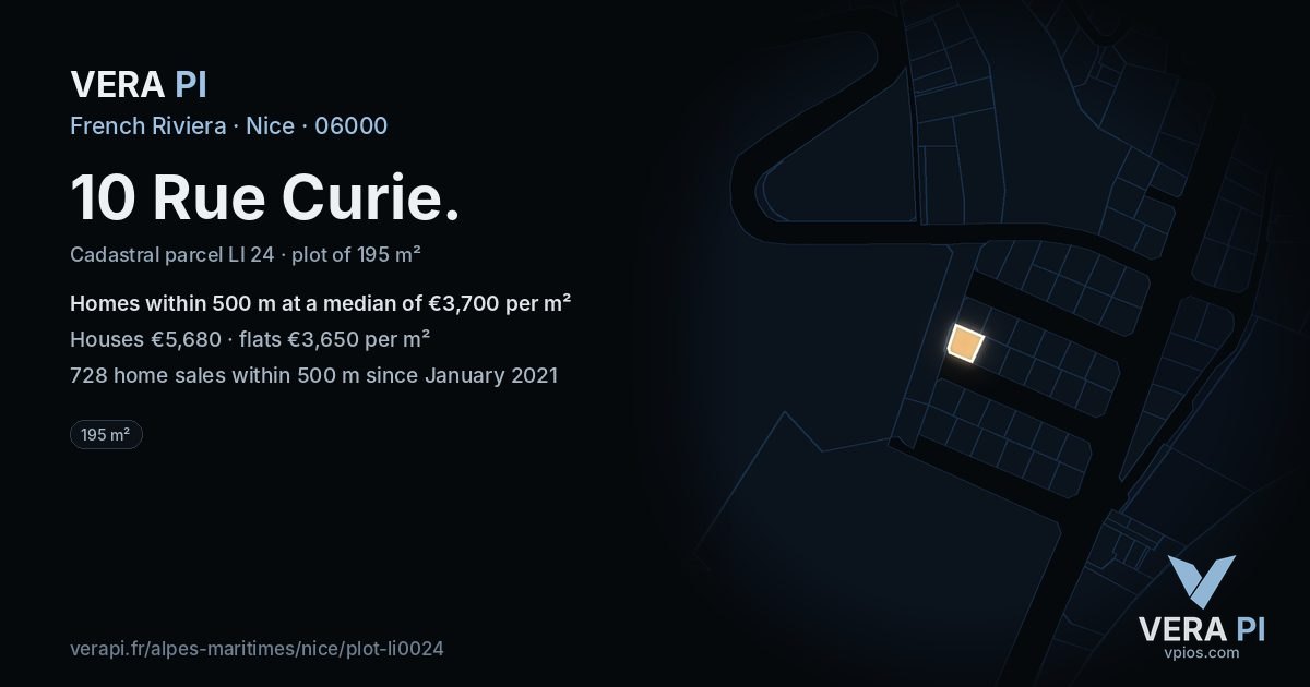 10 Rue Curie, Nice at night – the plot lit, the parcels around coloured by the prices near them