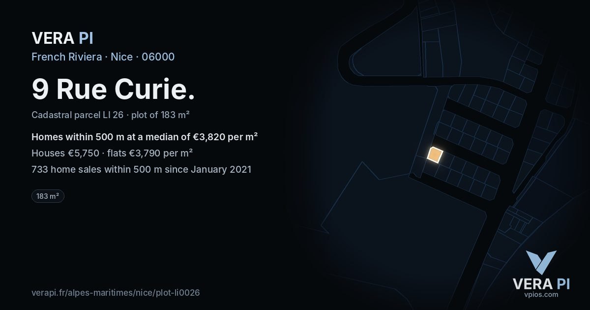 9 Rue Curie, Nice at night – the plot lit, the parcels around coloured by the prices near them
