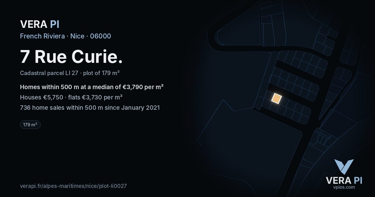 7 Rue Curie, Nice at night – the plot lit, the parcels around coloured by the prices near them