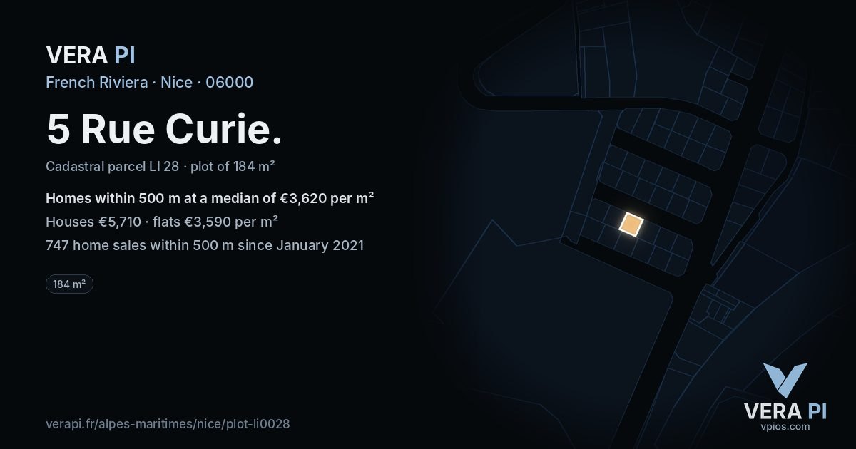5 Rue Curie, Nice at night – the plot lit, the parcels around coloured by the prices near them