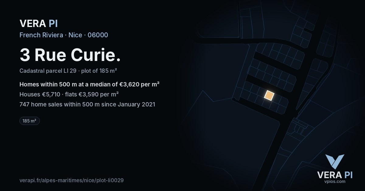 3 Rue Curie, Nice at night – the plot lit, the parcels around coloured by the prices near them