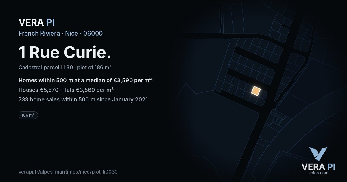 1 Rue Curie, Nice at night – the plot lit, the parcels around coloured by the prices near them