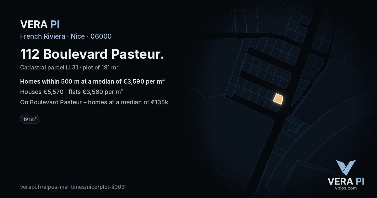 112 Boulevard Pasteur, Nice at night – the plot lit, the parcels around coloured by the prices near them