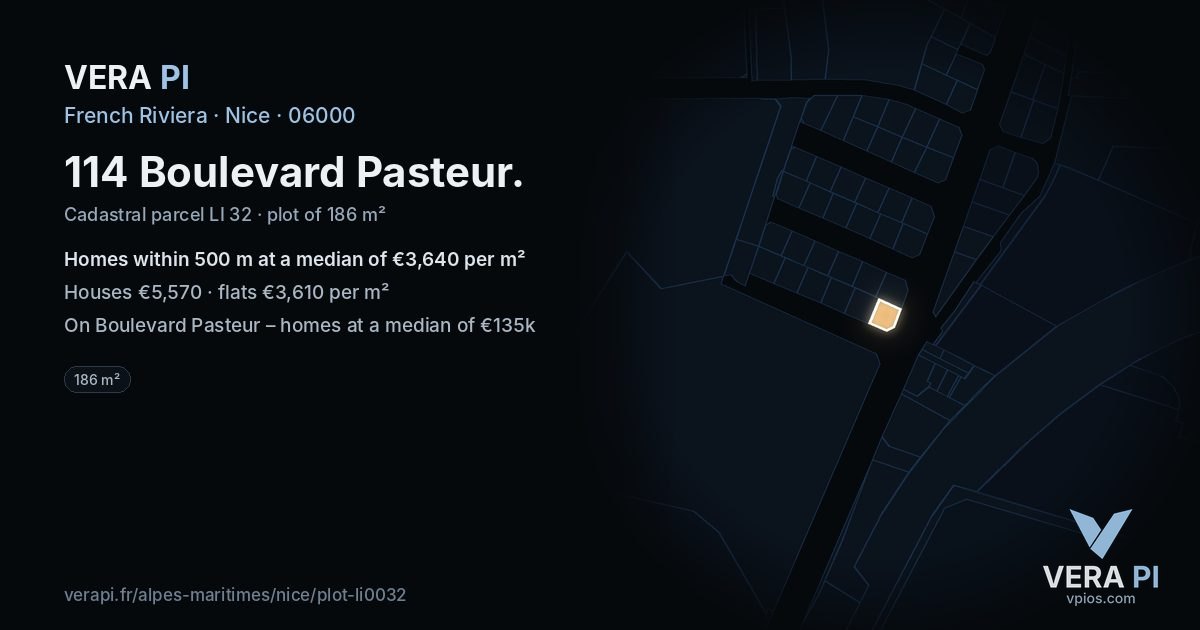 114 Boulevard Pasteur, Nice at night – the plot lit, the parcels around coloured by the prices near them