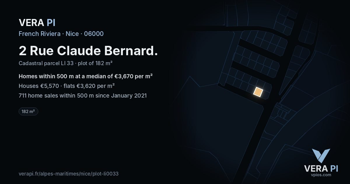 2 Rue Claude Bernard, Nice at night – the plot lit, the parcels around coloured by the prices near them