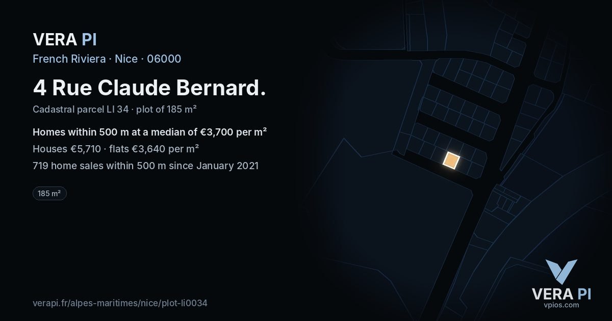 4 Rue Claude Bernard, Nice at night – the plot lit, the parcels around coloured by the prices near them