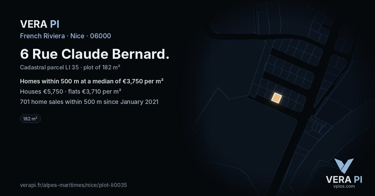 6 Rue Claude Bernard, Nice at night – the plot lit, the parcels around coloured by the prices near them