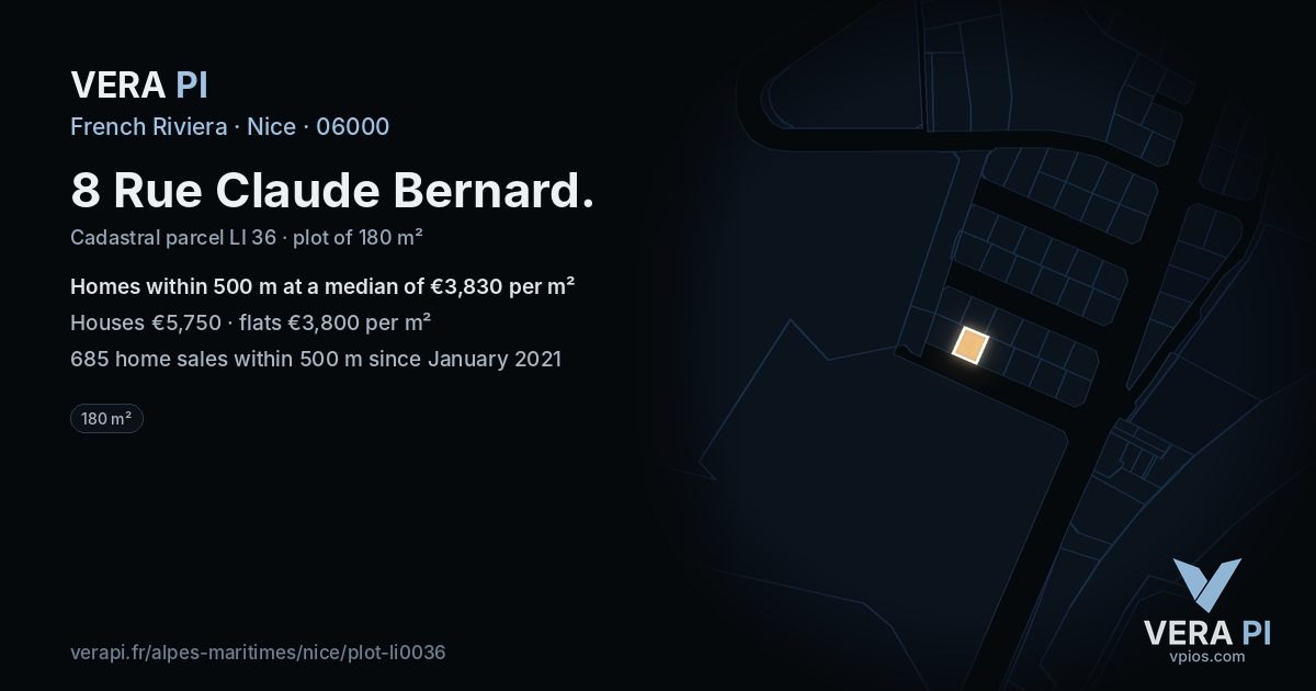 8 Rue Claude Bernard, Nice at night – the plot lit, the parcels around coloured by the prices near them