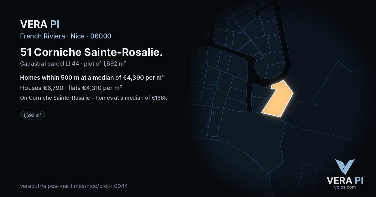 51 Corniche Sainte-Rosalie, Nice at night – the plot lit, the parcels around coloured by the prices near them