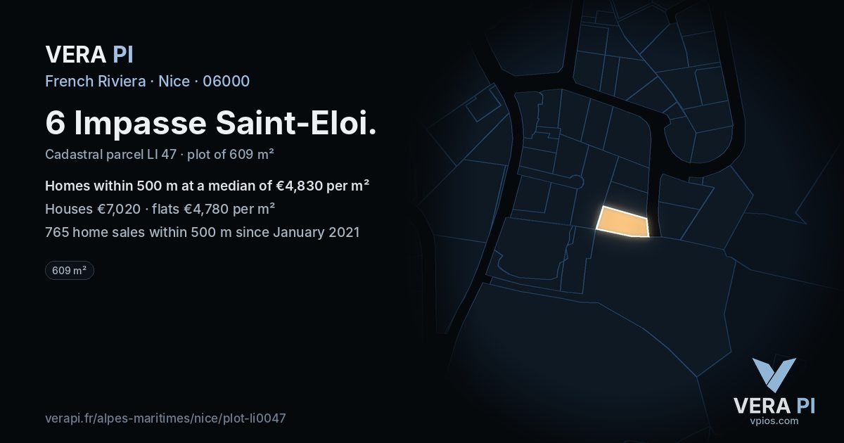 6 Impasse Saint-Eloi, Nice at night – the plot lit, the parcels around coloured by the prices near them