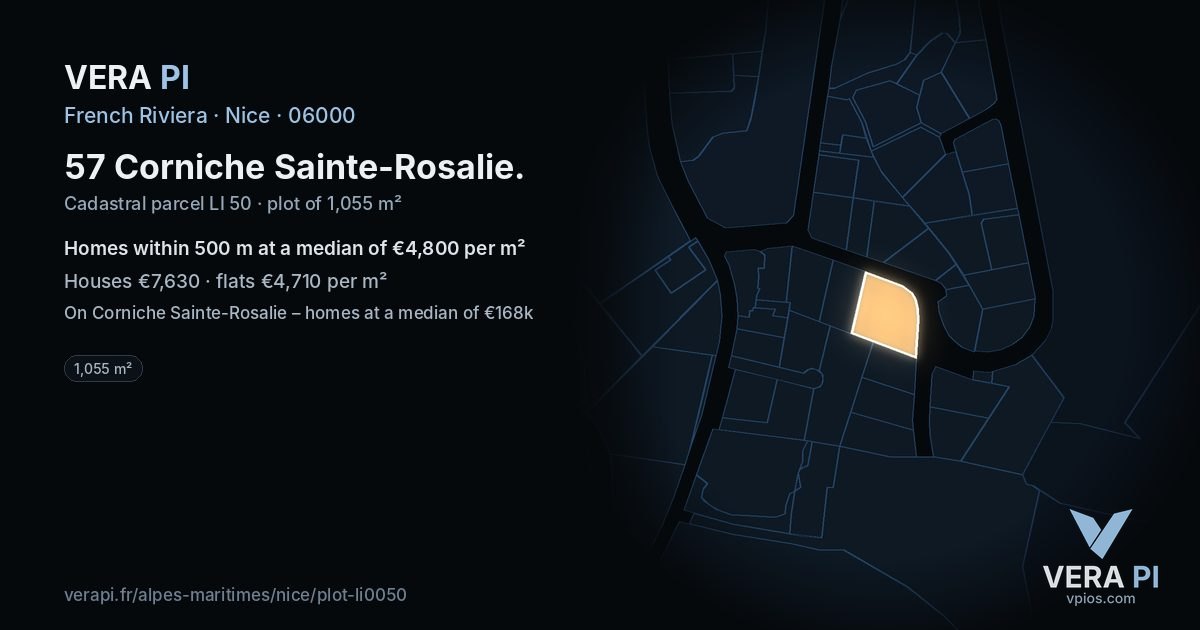 57 Corniche Sainte-Rosalie, Nice at night – the plot lit, the parcels around coloured by the prices near them