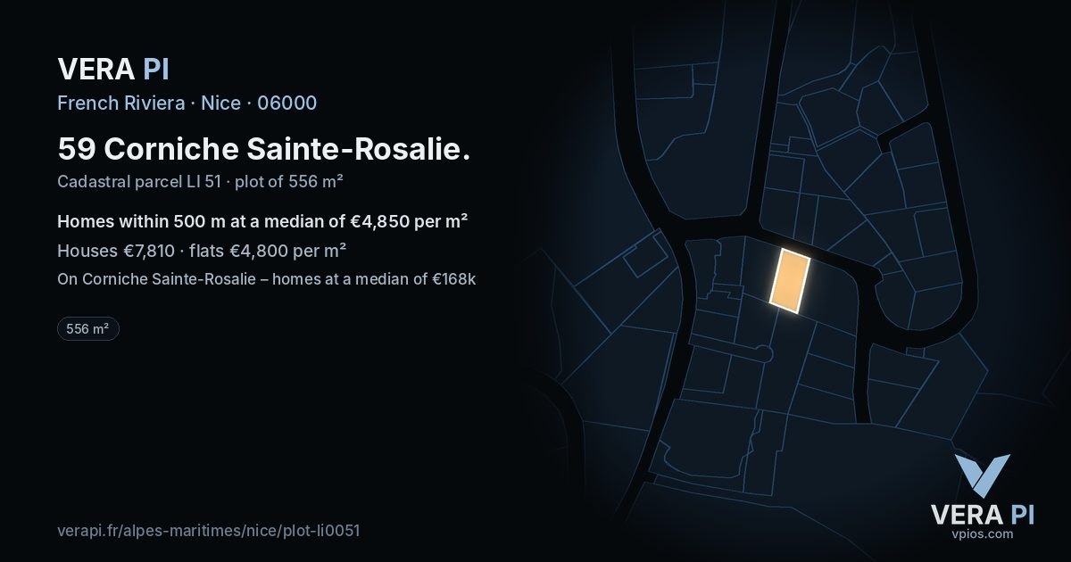 59 Corniche Sainte-Rosalie, Nice at night – the plot lit, the parcels around coloured by the prices near them