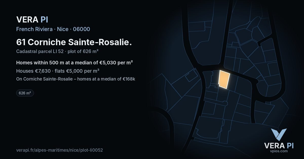 61 Corniche Sainte-Rosalie, Nice at night – the plot lit, the parcels around coloured by the prices near them