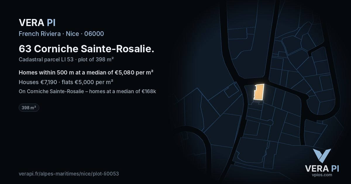 63 Corniche Sainte-Rosalie, Nice at night – the plot lit, the parcels around coloured by the prices near them