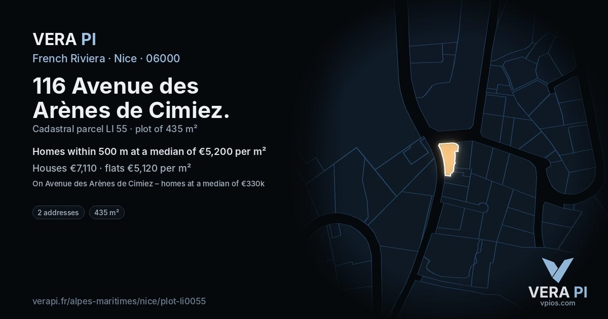 116 Avenue des Arènes de Cimiez, Nice at night – the plot lit, the parcels around coloured by the prices near them