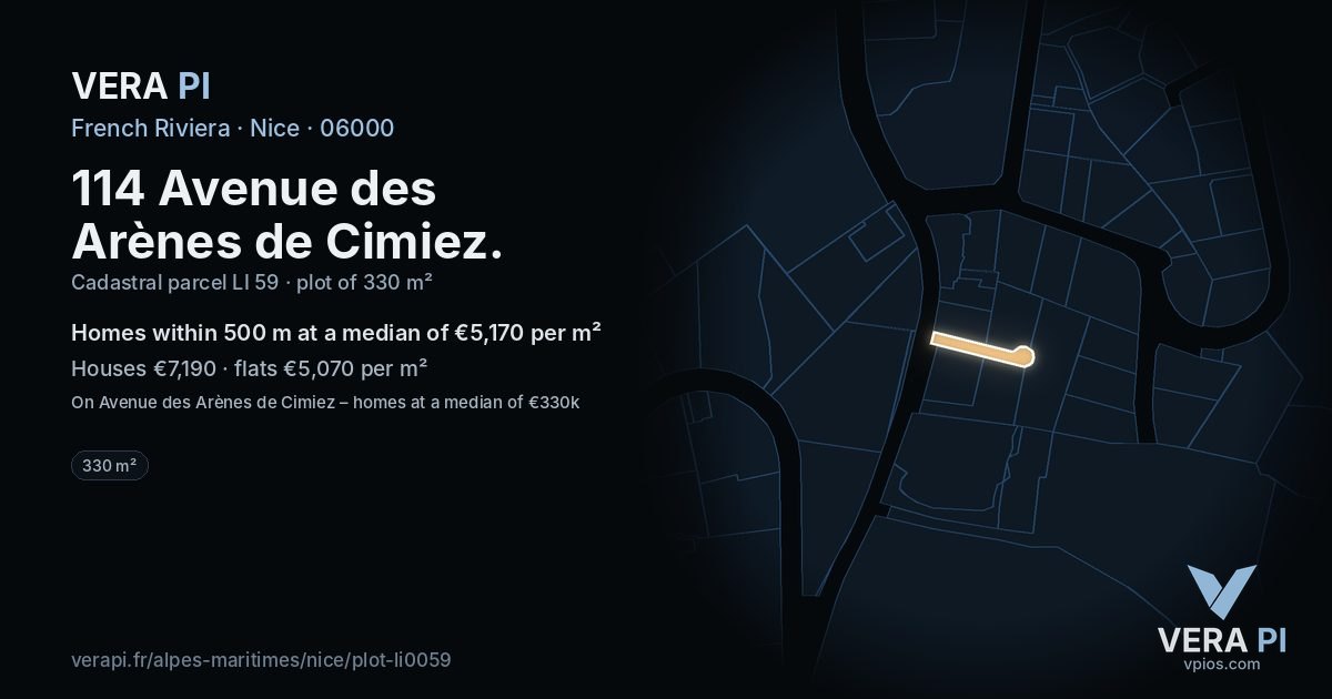 114 Avenue des Arènes de Cimiez, Nice at night – the plot lit, the parcels around coloured by the prices near them
