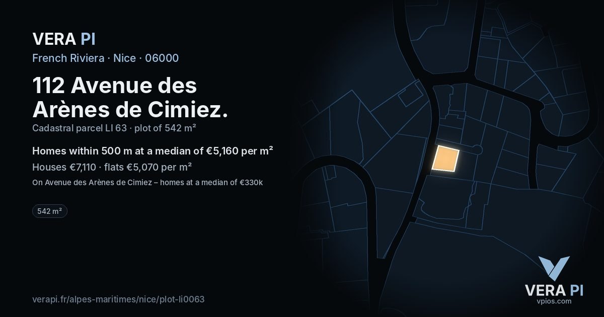 112 Avenue des Arènes de Cimiez, Nice at night – the plot lit, the parcels around coloured by the prices near them