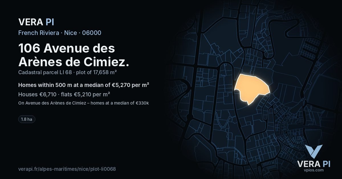 106 Avenue des Arènes de Cimiez, Nice at night – the plot lit, the parcels around coloured by the prices near them