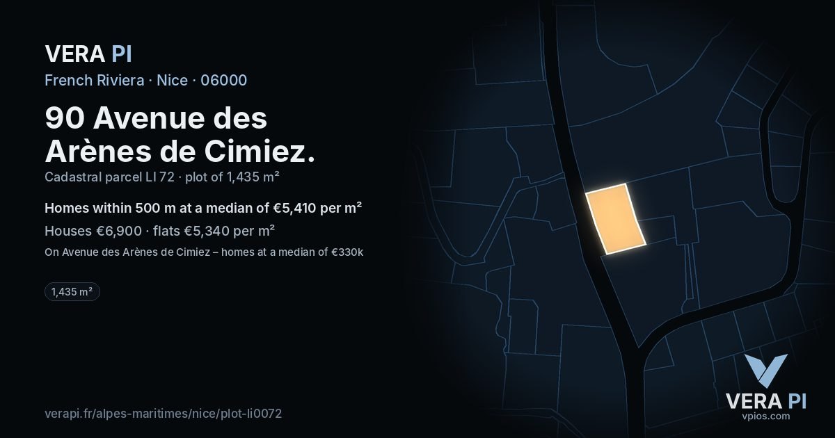 90 Avenue des Arènes de Cimiez, Nice at night – the plot lit, the parcels around coloured by the prices near them
