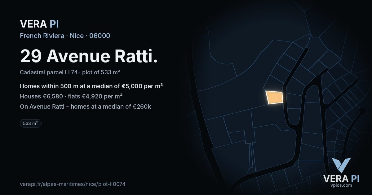 29 Avenue Ratti, Nice at night – the plot lit, the parcels around coloured by the prices near them