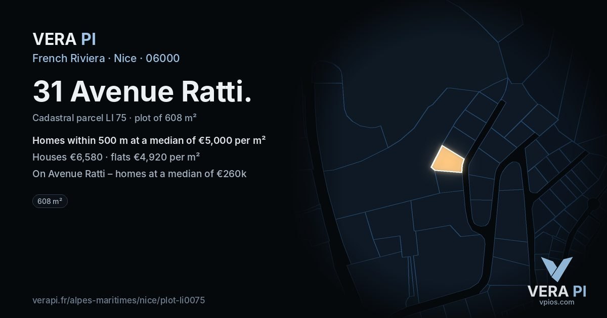 31 Avenue Ratti, Nice at night – the plot lit, the parcels around coloured by the prices near them