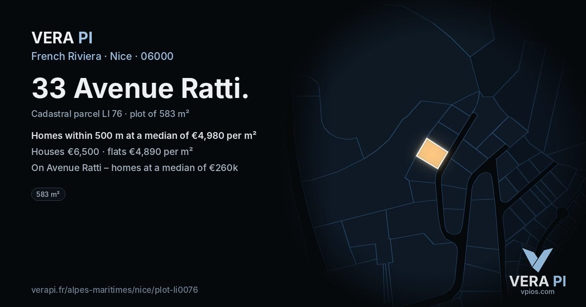 33 Avenue Ratti, Nice at night – the plot lit, the parcels around coloured by the prices near them