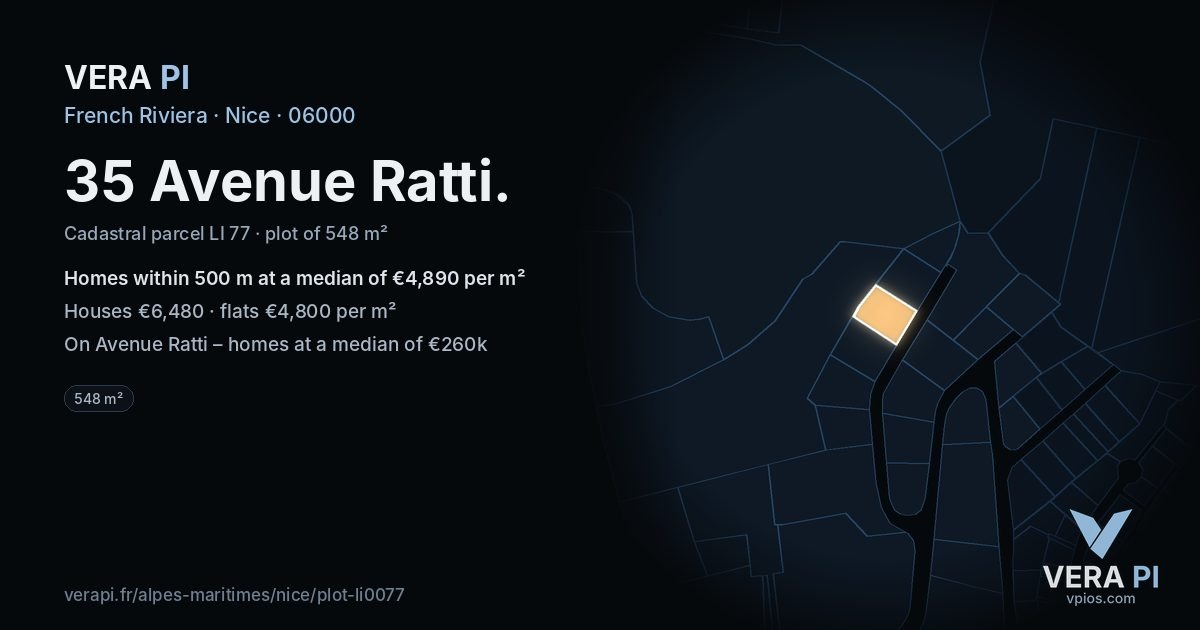 35 Avenue Ratti, Nice at night – the plot lit, the parcels around coloured by the prices near them