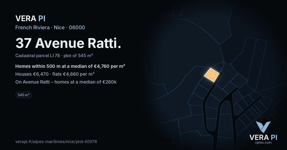 37 Avenue Ratti, Nice at night – the plot lit, the parcels around coloured by the prices near them