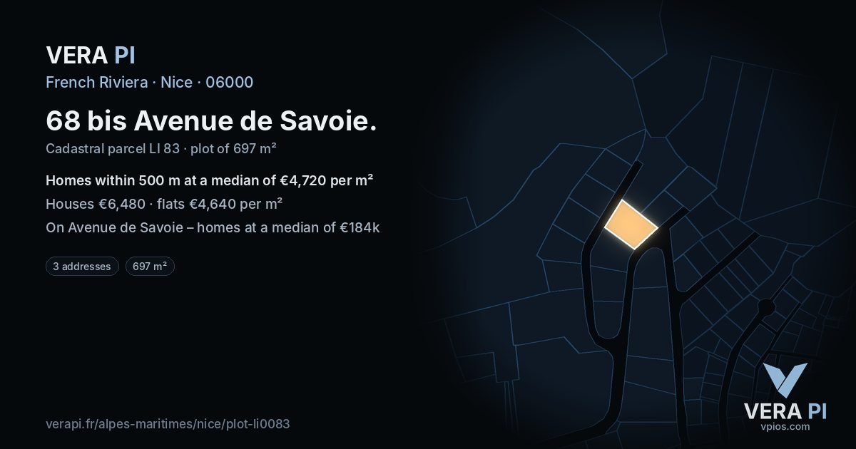 68 bis Avenue de Savoie, Nice at night – the plot lit, the parcels around coloured by the prices near them