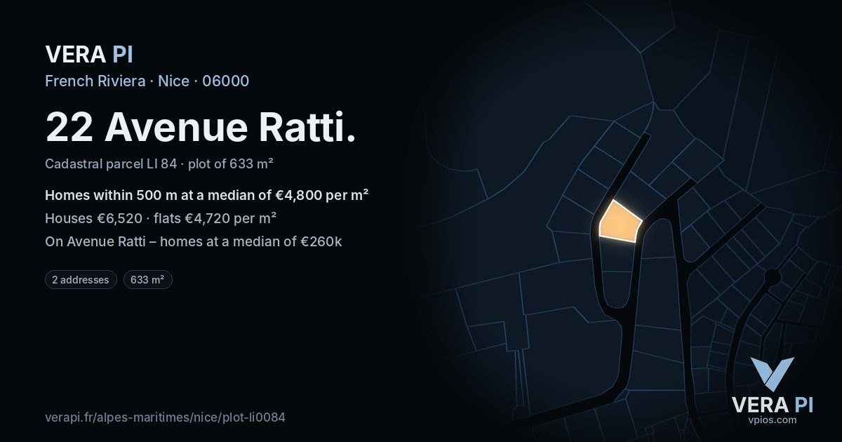 22 Avenue Ratti, Nice at night – the plot lit, the parcels around coloured by the prices near them