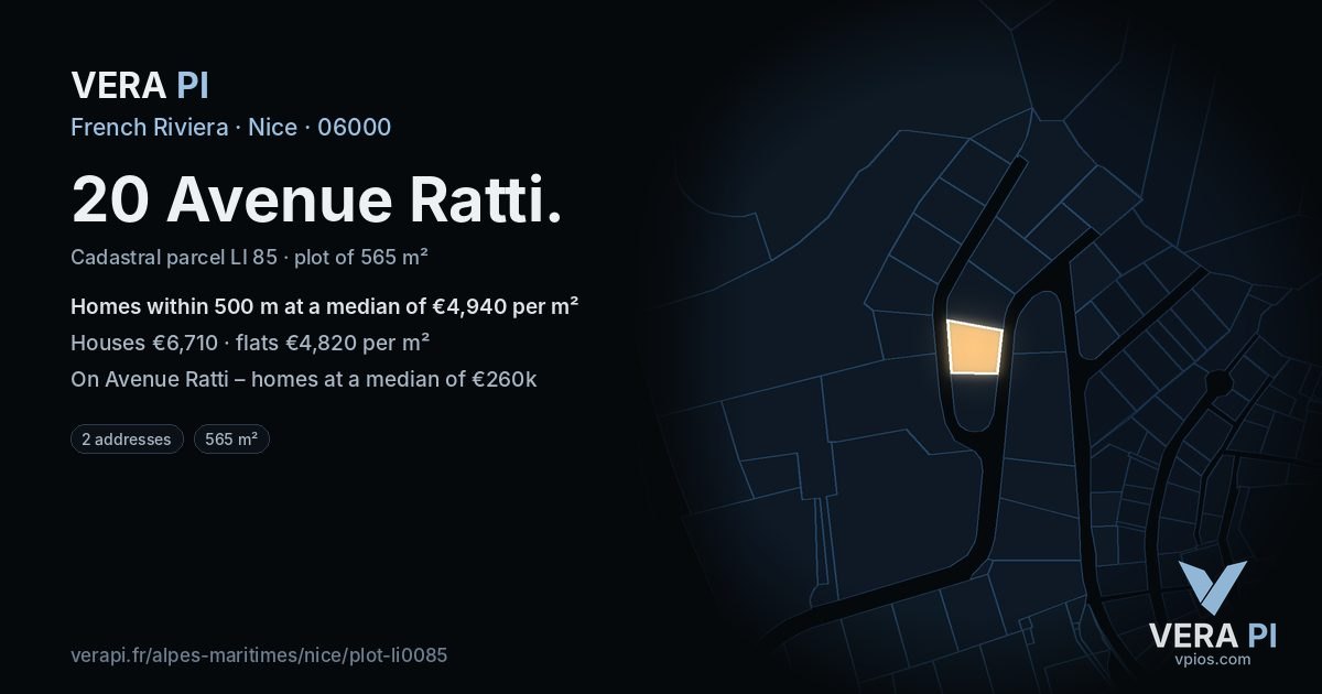 20 Avenue Ratti, Nice at night – the plot lit, the parcels around coloured by the prices near them
