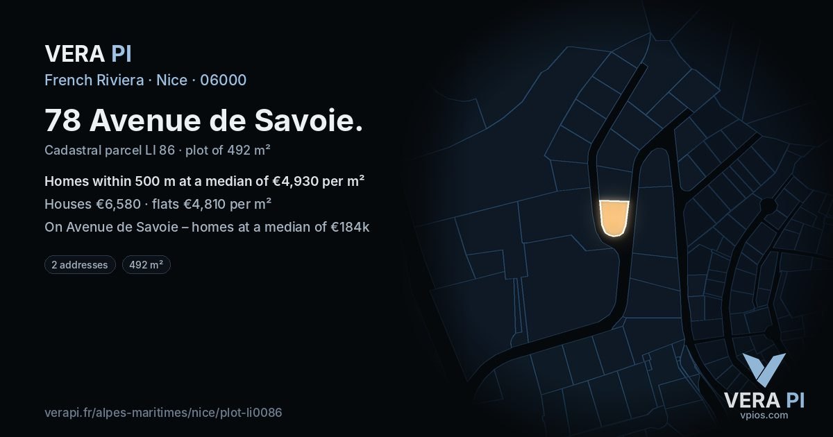 78 Avenue de Savoie, Nice at night – the plot lit, the parcels around coloured by the prices near them