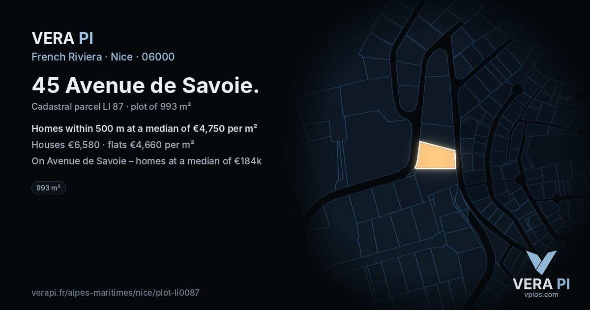45 Avenue de Savoie, Nice at night – the plot lit, the parcels around coloured by the prices near them