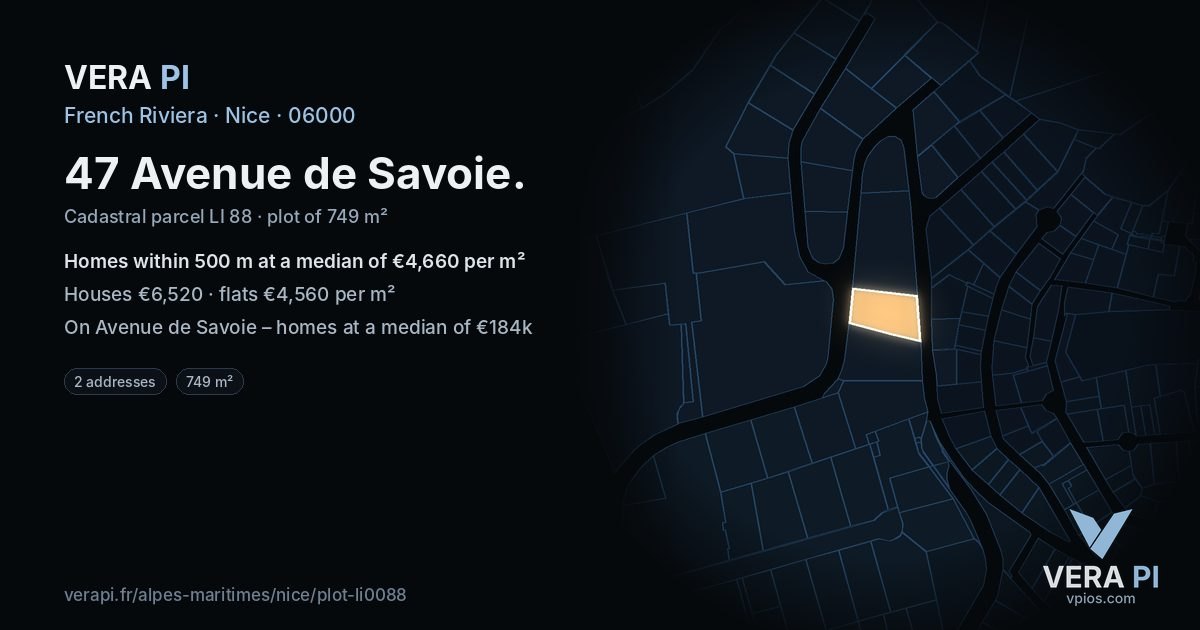 47 Avenue de Savoie, Nice at night – the plot lit, the parcels around coloured by the prices near them